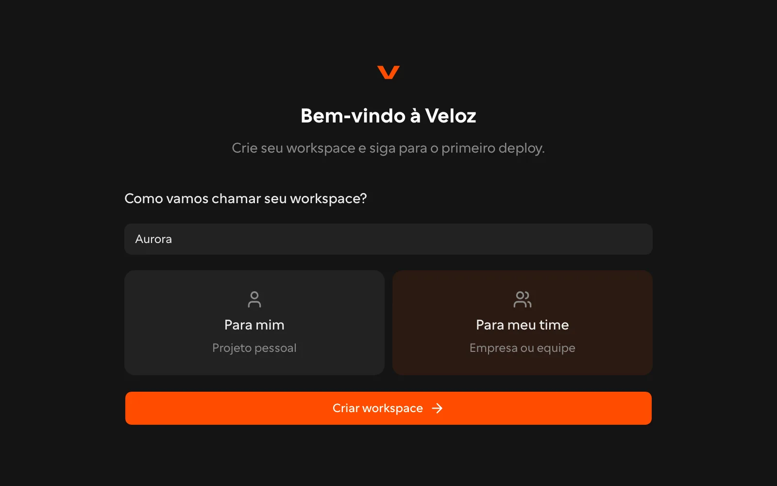 Tela única de onboarding para criar o workspace